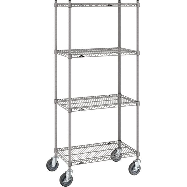 A Metro Super Erecta metal wire shelving unit with wheels.