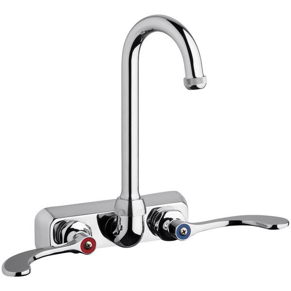 A silver Chicago Faucets wall-mounted faucet with two gooseneck handles with red and blue accents.