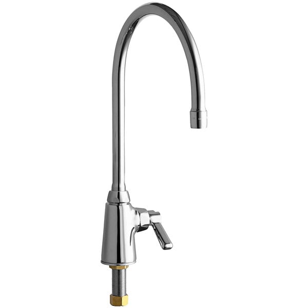 A Chicago Faucets deck-mounted single-hole faucet with a gooseneck spout and gold handle.