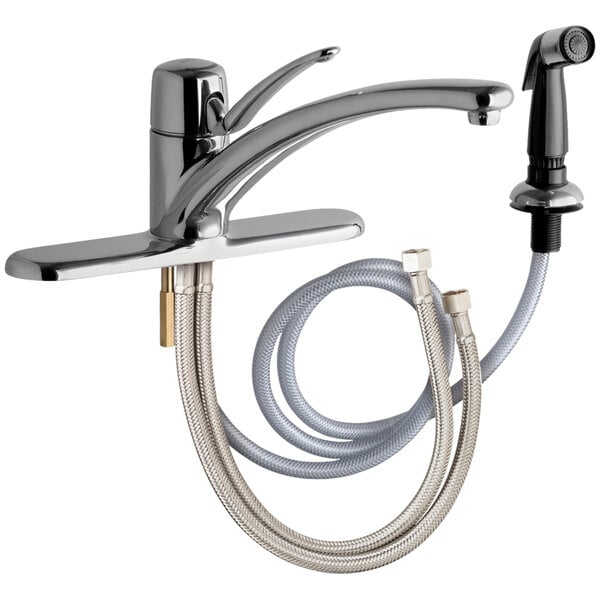 A Chicago Faucets deck-mounted faucet with hoses on a white background.
