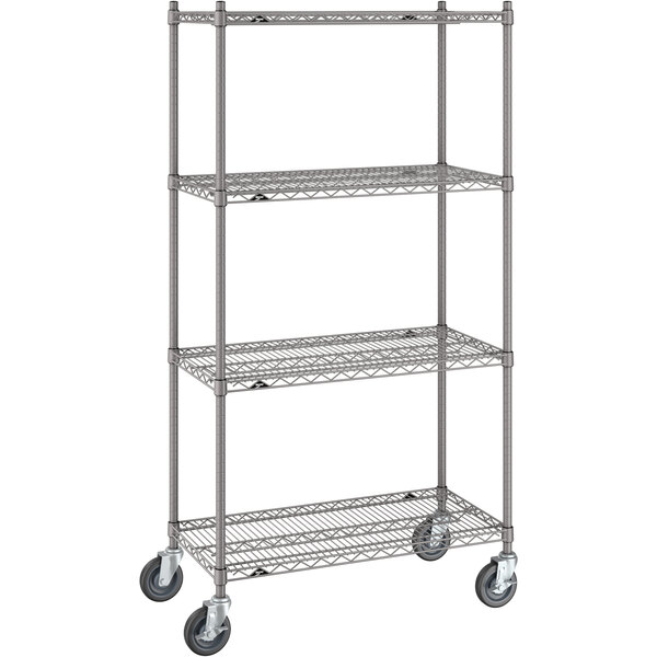 A gray Metro Super Erecta metal wire mobile shelving unit with wheels.
