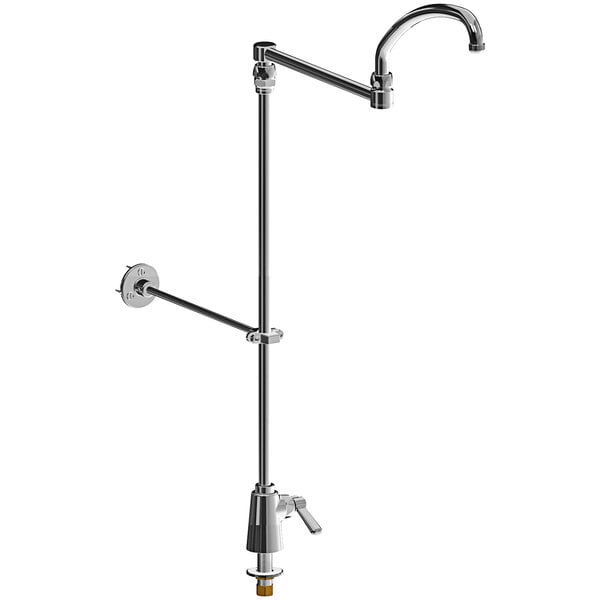 A silver Chicago Faucets deck-mounted pot and kettle filler with double-jointed swing spout.