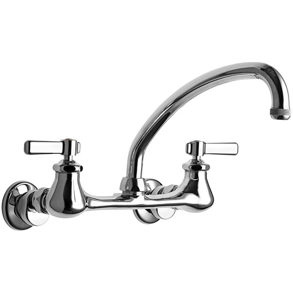 A Chicago Faucets chrome wall-mounted faucet with two handles and an L-type swing spout.