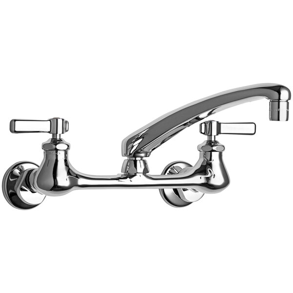 A Chicago Faucets chrome wall-mounted faucet with two handles and an 8" L-Type swing spout.