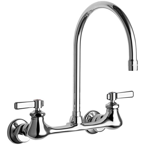 A Chicago Faucets chrome wall-mounted faucet with two handles.