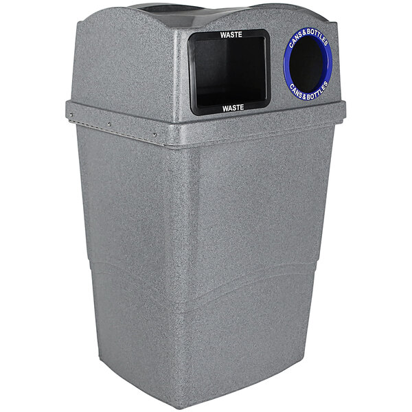 A grey rectangular Busch Systems decorative trash can with a blue lid.