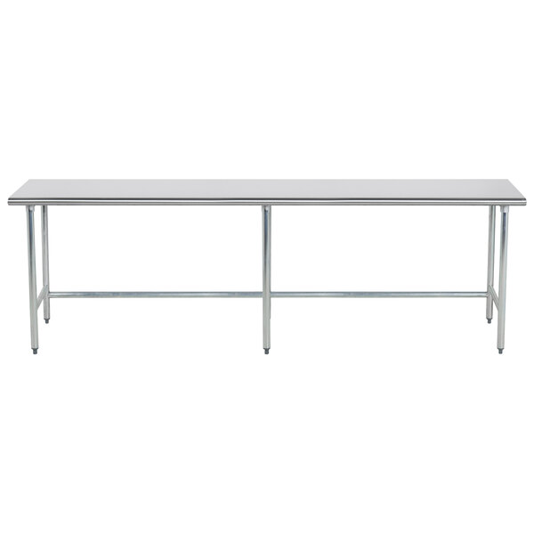 A long metal Advance Tabco stainless steel work table with an open base.
