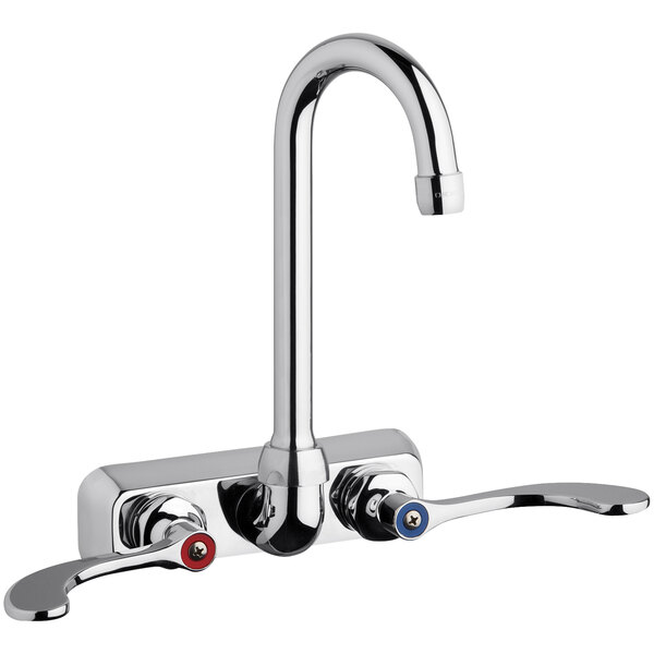 A Chicago Faucets chrome wall-mounted faucet with two gooseneck handles.