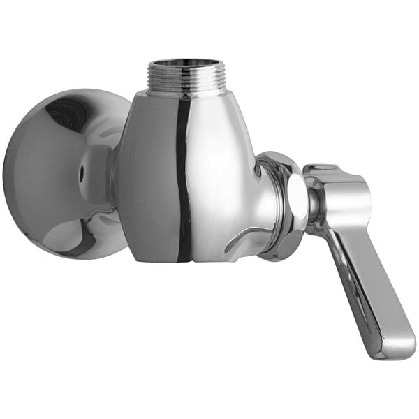A chrome plated Chicago Faucets wall-mounted faucet with a handle.
