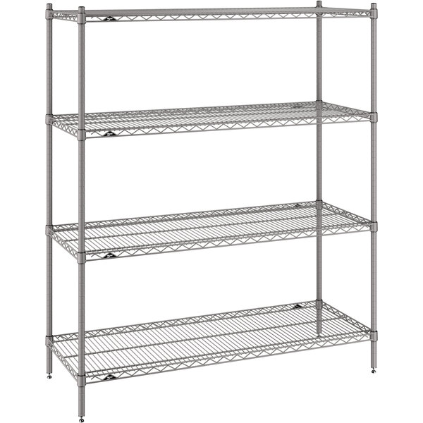 A Metro Super Erecta gray wire shelving unit with three shelves.