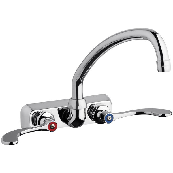 A Chicago Faucets chrome wall-mounted faucet with two handles and a swing spout.