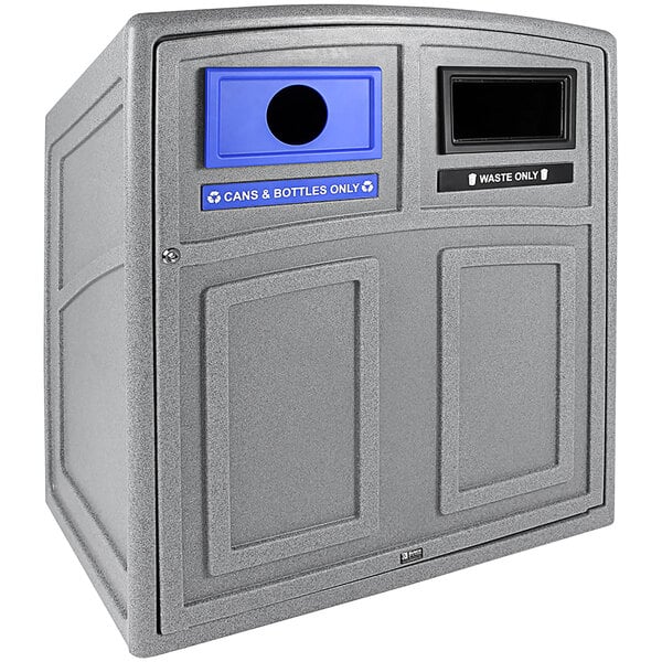 A grey rectangular Busch Systems Uptown waste receptacle with two blue and black rectangular compartments.