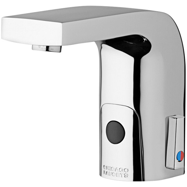 A Chicago Faucets HyTronic deck-mounted touch-free faucet with a silver edge spout and black button.