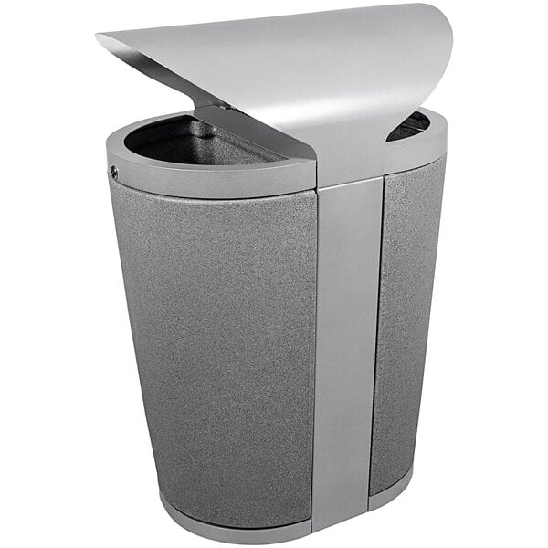 A grey Busch Systems decorative waste receptacle with a lid on it.
