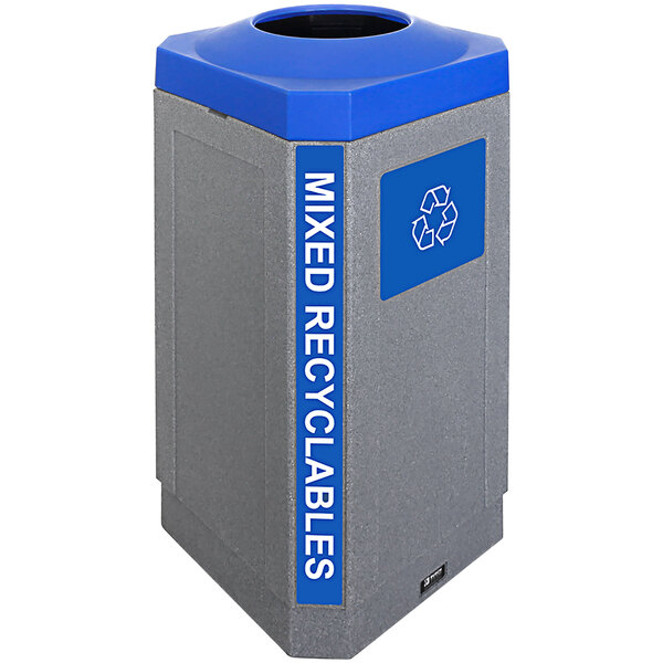 A grey rectangular Busch Systems indoor recycle bin with a blue lid and a recycle sign.