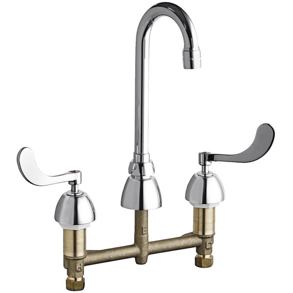 A Chicago Faucets deck-mounted faucet with gooseneck spout and two handles in chrome.