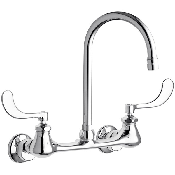 A close-up of a silver Chicago Faucets wall-mounted faucet with two handles and a gooseneck spout.