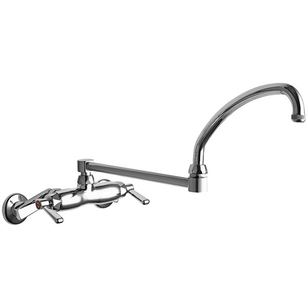 A chrome Chicago Faucets wall-mounted faucet with a curved double-jointed spout.
