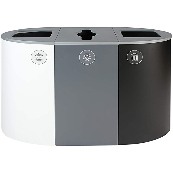 A black and white Busch Systems decorative steel trash can with three compartments for organics, recycling, and waste.