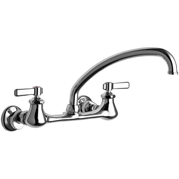 A Chicago Faucets wall-mounted faucet with two handles and an L-type swing spout.