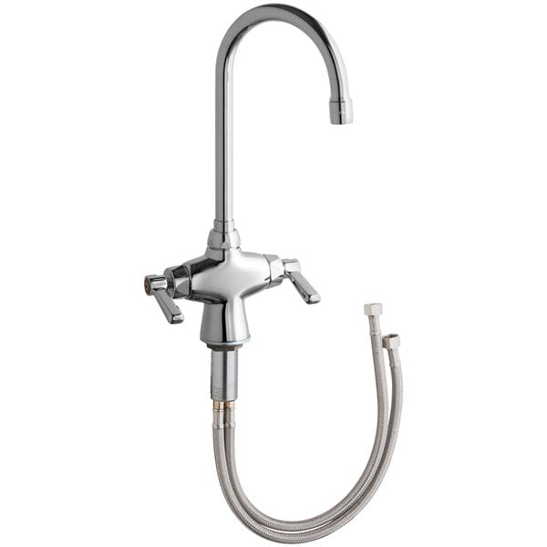 A silver Chicago Faucets deck-mounted faucet with a gooseneck spout and lever handles.