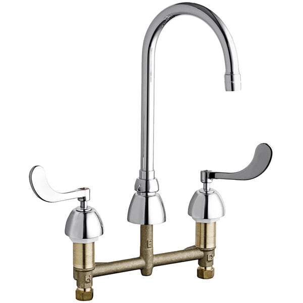 A Chicago Faucets deck-mounted faucet with two wristblade handles and a gooseneck spout.