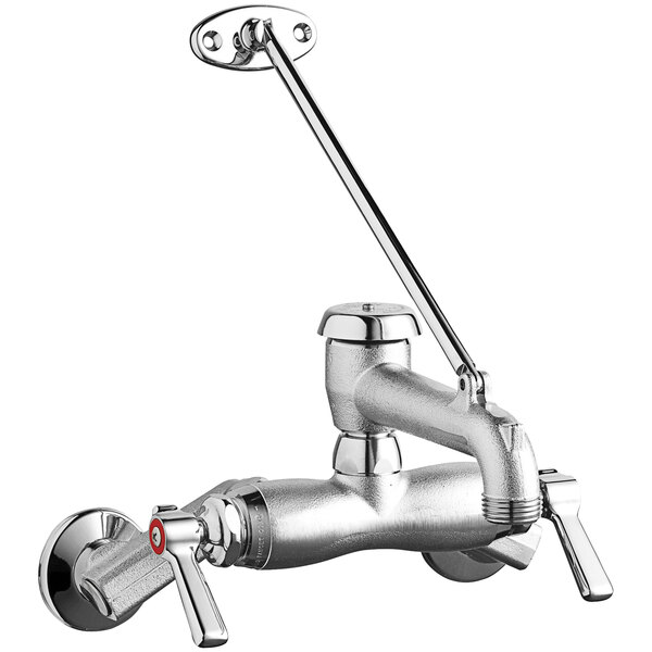 A silver Chicago Faucets wall-mounted mop sink faucet with a lever.