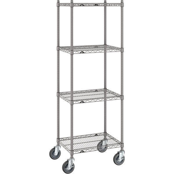 A gray metal Metro shelving unit with wheels.