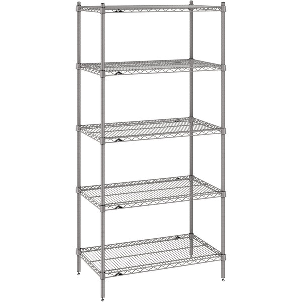 A Metro Super Erecta gray wire shelving unit with four shelves.