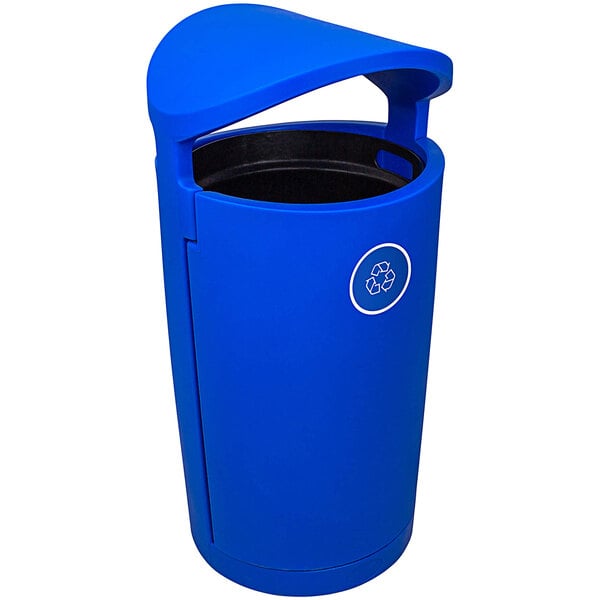 A blue Busch Systems Euro decorative recycle bin with a lid and recycle symbol.