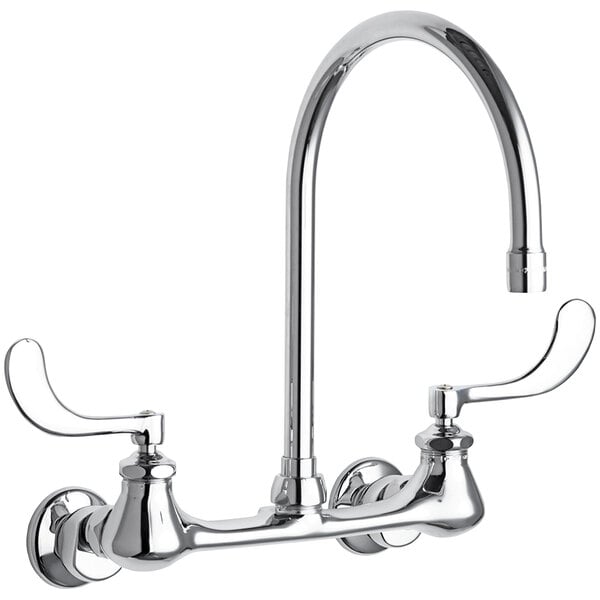 A chrome Chicago Faucets wall-mounted faucet with two silver handles.
