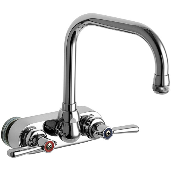 A Chicago Faucets wall-mounted faucet with two handles and a double-bend spout in chrome.