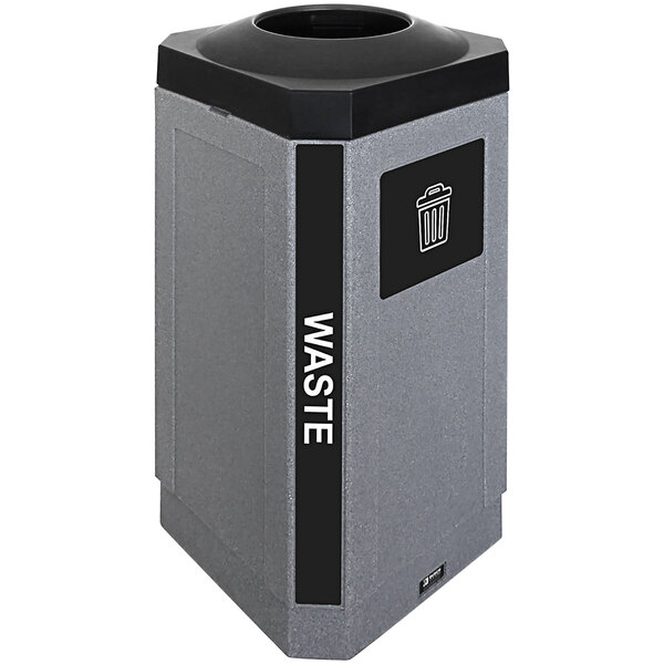 A grey rectangular Busch Systems decorative trash can with a black lid.