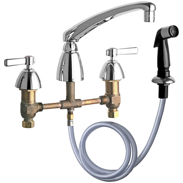A white Chicago Faucets deck-mounted faucet with a chrome hose and sprayer.