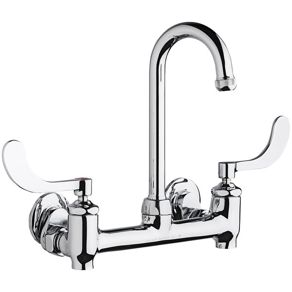 A Chicago Faucets wall-mounted faucet with two handles and a gooseneck spout.