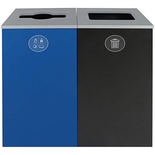 A Busch Systems Spectrum powder-coated steel two stream decorative mixed recyclables/waste receptacle with blue and black lids.