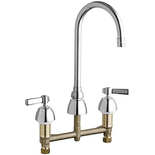 A Chicago Faucets deck-mounted faucet with a swing gooseneck spout and lever handles.