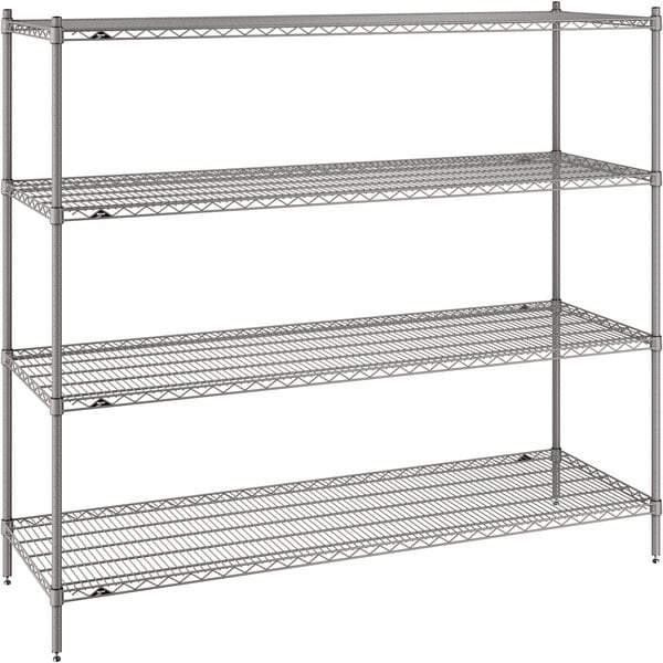 A Metro Super Erecta gray wire shelving unit with three shelves.