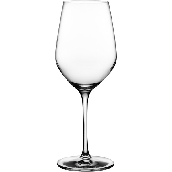 A close-up of a Nude Climats white wine glass with a stem.