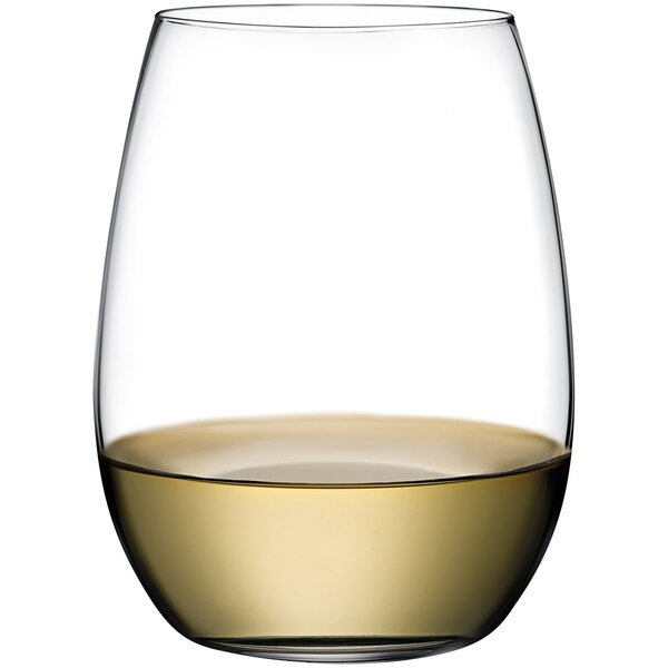 A Nude Pure wine tumbler filled with yellow liquid.