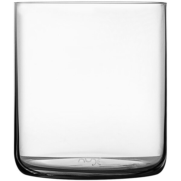 A clear glass container with a black rim.