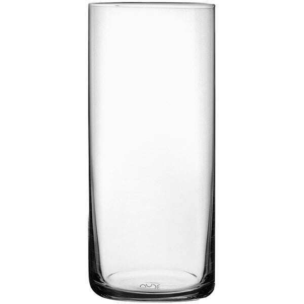A clear highball glass with a white background.