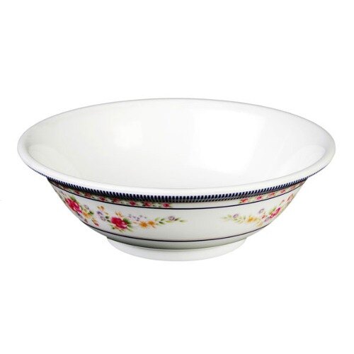 A white Thunder Group melamine bowl with a flower design on it.