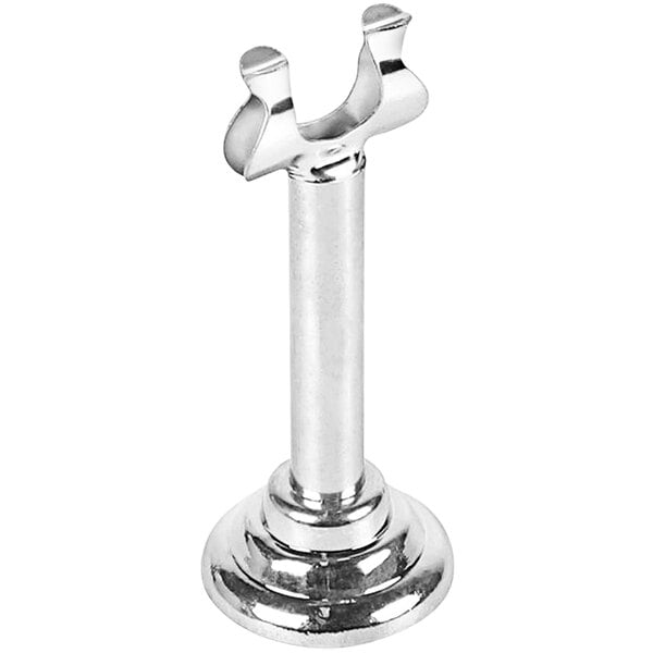 A chrome metal Elite Global Solutions harp table card holder with a weighted base.