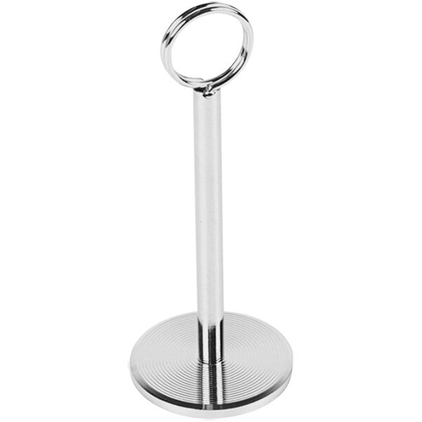 A silver metal Elite Global Solutions table card holder with a ring on top.