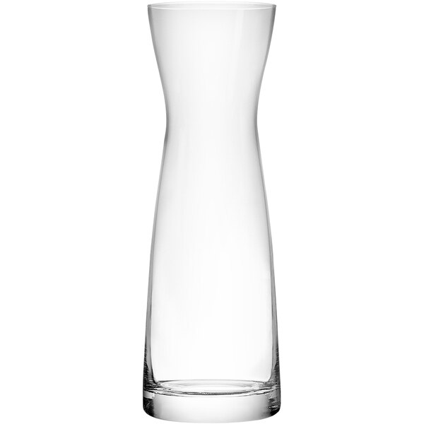 A clear glass Stolzle carafe with a curved neck.