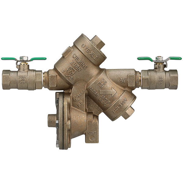 A close-up of a Zurn reduced pressure principle backflow assembly valve with two green handles.