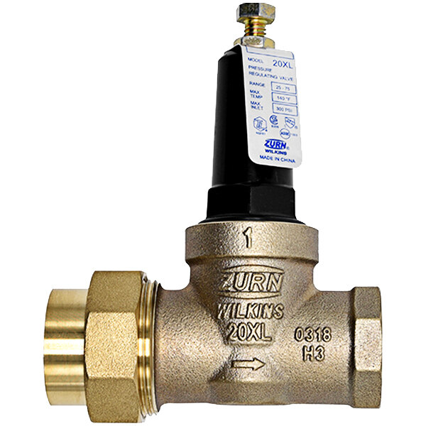 A Zurn brass water pressure reducing valve with a gold handle and black cap.