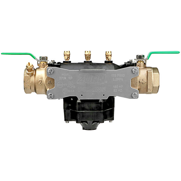 A Zurn reduced pressure principle backflow assembly with two brass handles.