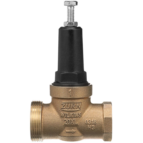 A close-up of a Zurn brass water pressure reducing valve with a black handle.